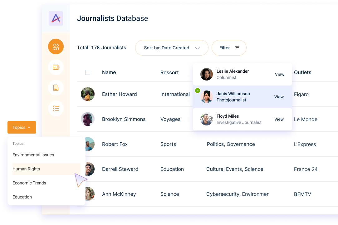 Screenshot of Augure’s Curated Journalist Database, a tool for targeted media relations, allowing PR professionals to filter and connect with journalists based on specific criteria like topics and outlets.