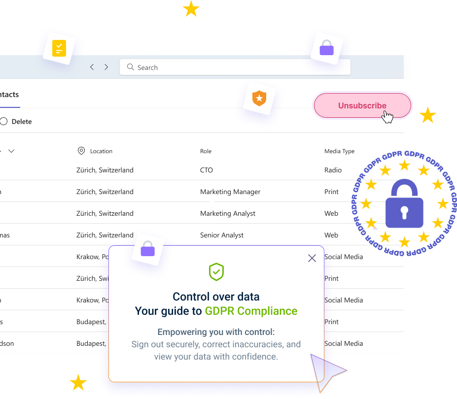 Augure's interface highlighting GDPR compliance features for PR, with easy opt-out and transparent data management.